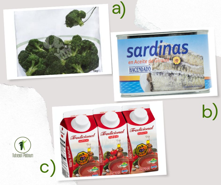 Brocoli con sardinas en conserva y 1 tetrabrik de gazpacho por persona.